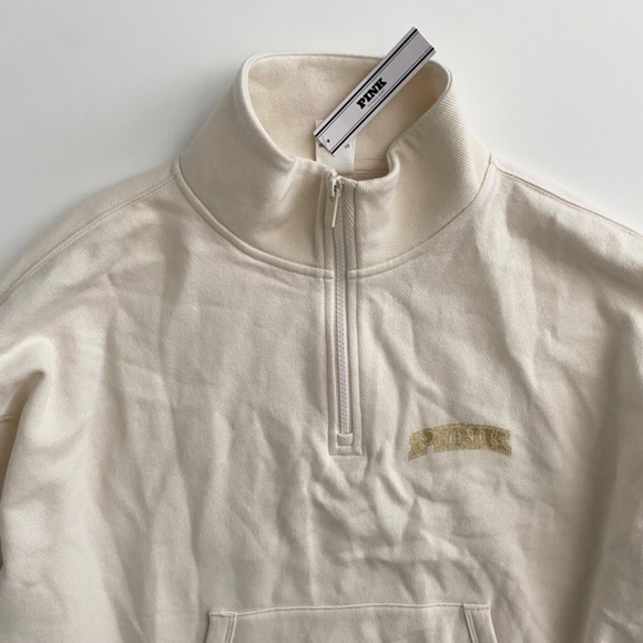 PINK Victoria's Secret Sweatshirt Sweater Ivory w/ Gold Shimmer Varsity 1/4 Zip - Picture 3 of 4